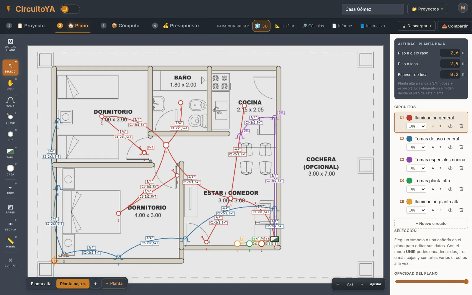 The CircuitoYA plan: a home with bedrooms, bathroom, kitchen and living room, five circuits drawn from the panel, the floor heights at the top right and the floor selector at the bottom