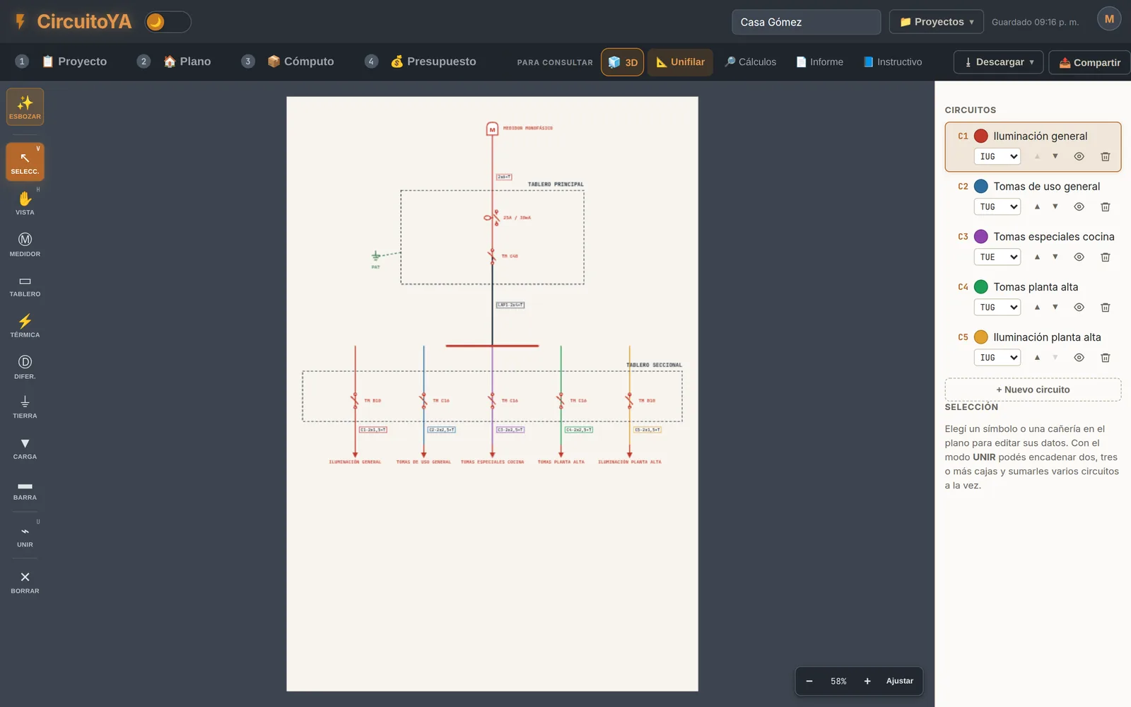 The single-line diagram: meter, main panel, sub-panel and the circuits with their breakers
