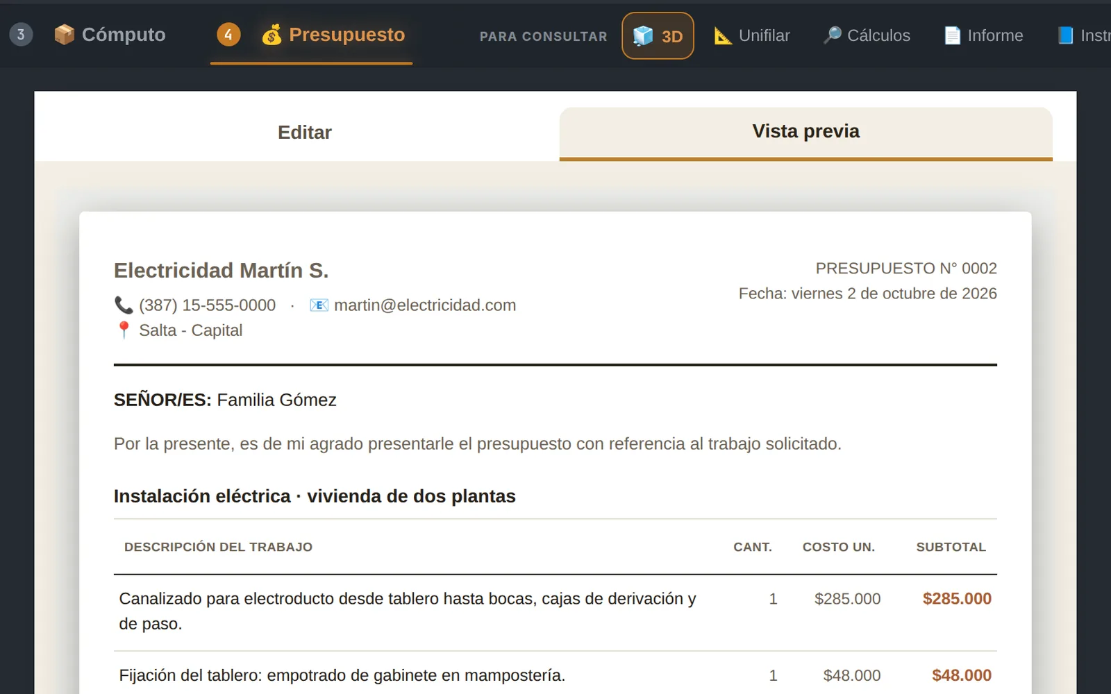 Quote preview with the business details, sequential number, client, the jobs with their prices and the total