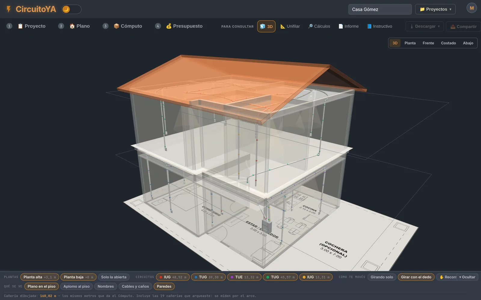CircuitoYA's 3D view: a two-story house with a slab between floors, gable roof, walls, light points and the white conduit running through each floor
