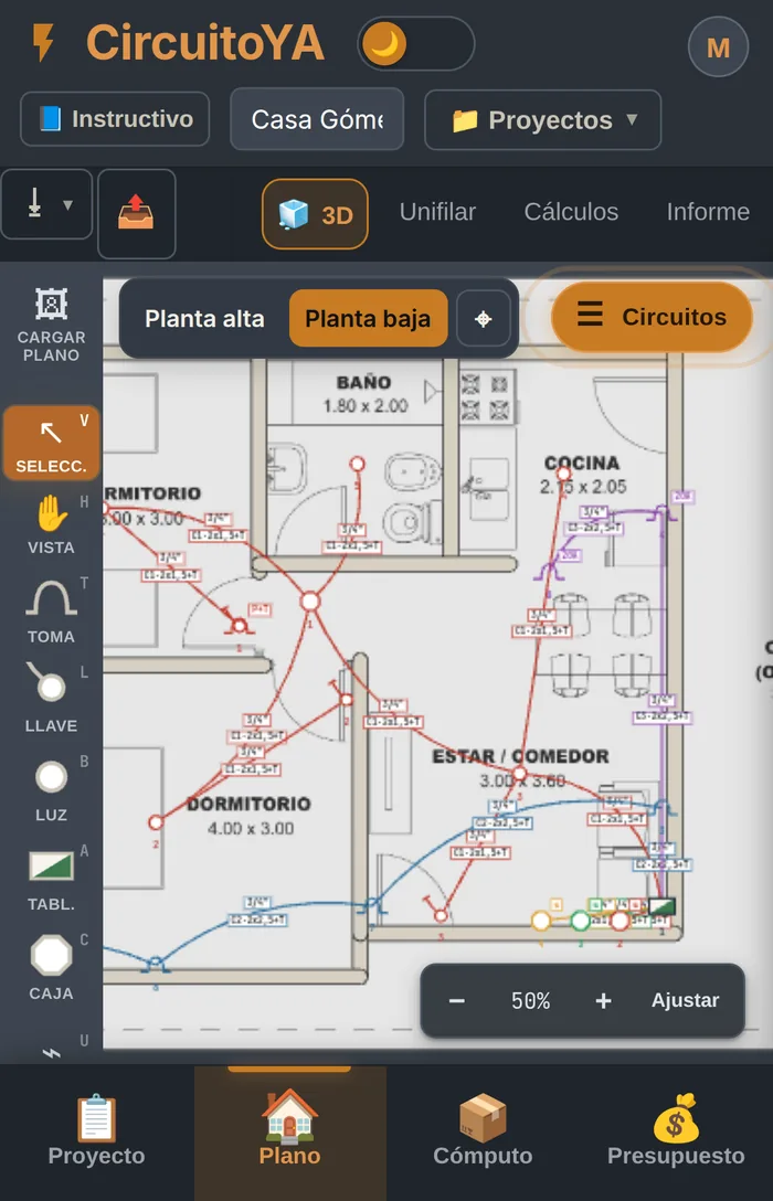 CircuitoYA open on a phone: the floor plan with the circuits drawn, the floors at the top and the Project, Plan, Takeoff and Quote buttons at the bottom
