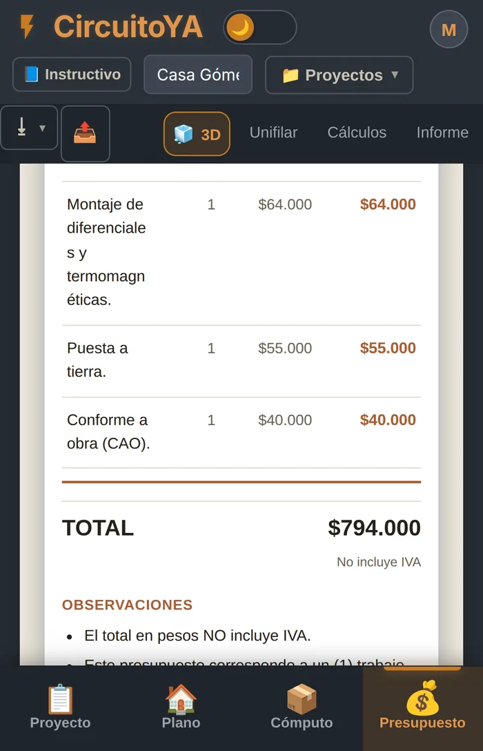 The same app on the phone, on the Quote tab: the job lines with quantity, unit cost and subtotal, and the quote total