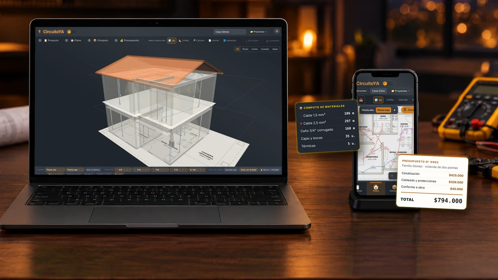 CircuitoYA su computer e cellulare: la vista 3D, il computo dei materiali, il preventivo e il video tutorial